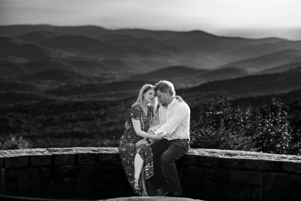 Black and white Amicalola Falls engagement photos capturing a romantic moment during a North Georgia mountain engagement session