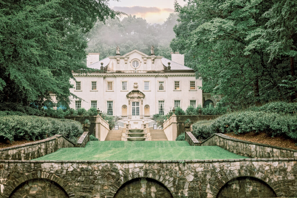 Luxury Atlanta wedding at Swan House and Atlanta History Center on a rainy day with dramatic estate architecture and lush gardens