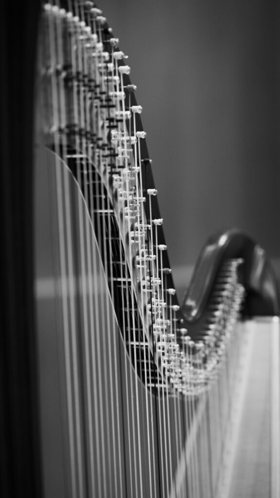 Black and white editorial detail photo of ceremony harp at Swan House Atlanta wedding