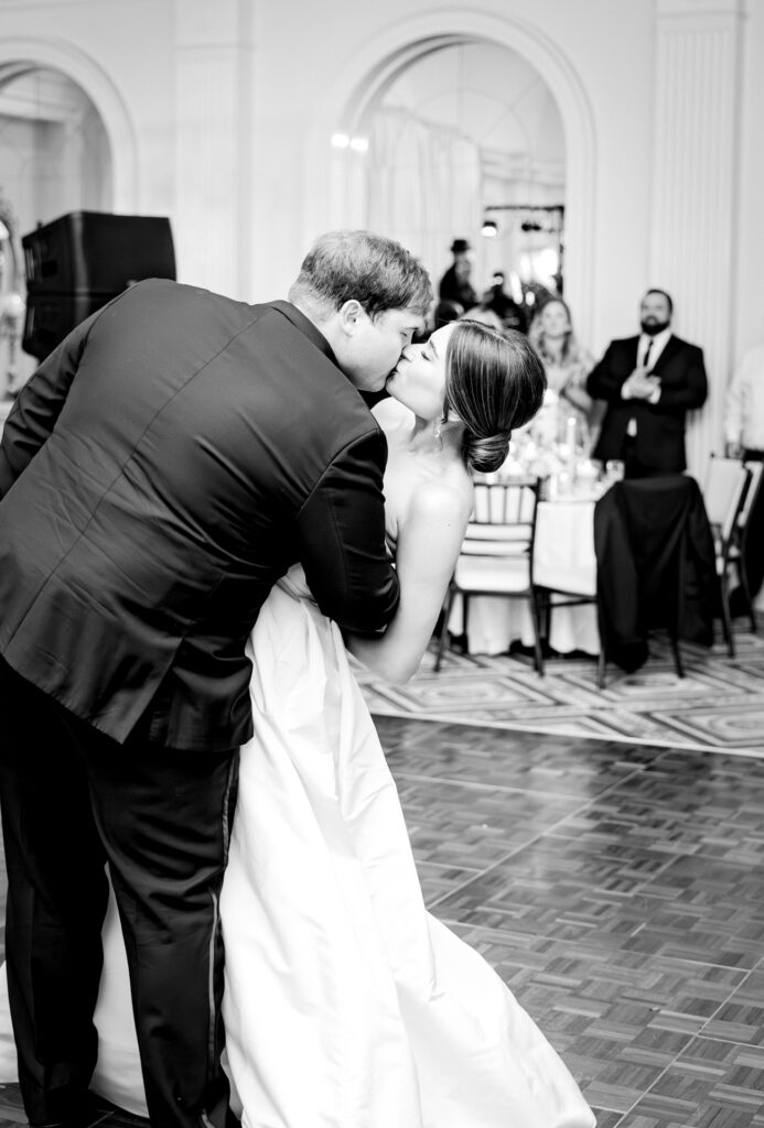 Black and white first dance wedding photo at Capital City Club in downtown Atlanta