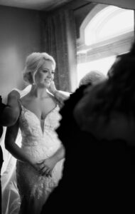 Black and white bridal portrait captured during emotional getting ready moments at a private Lake Mary wedding