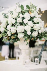 White floral centerpiece design at a luxury private estate wedding reception in Lake Mary