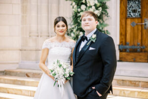 Editorial bride and groom portrait outside Christ the King Cathedral in Atlanta Georgia