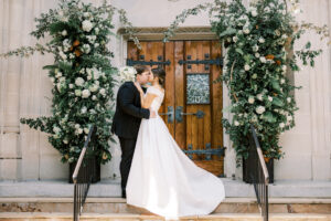 Editorial bride and groom portrait outside Christ the King Cathedral in Atlanta Georgia